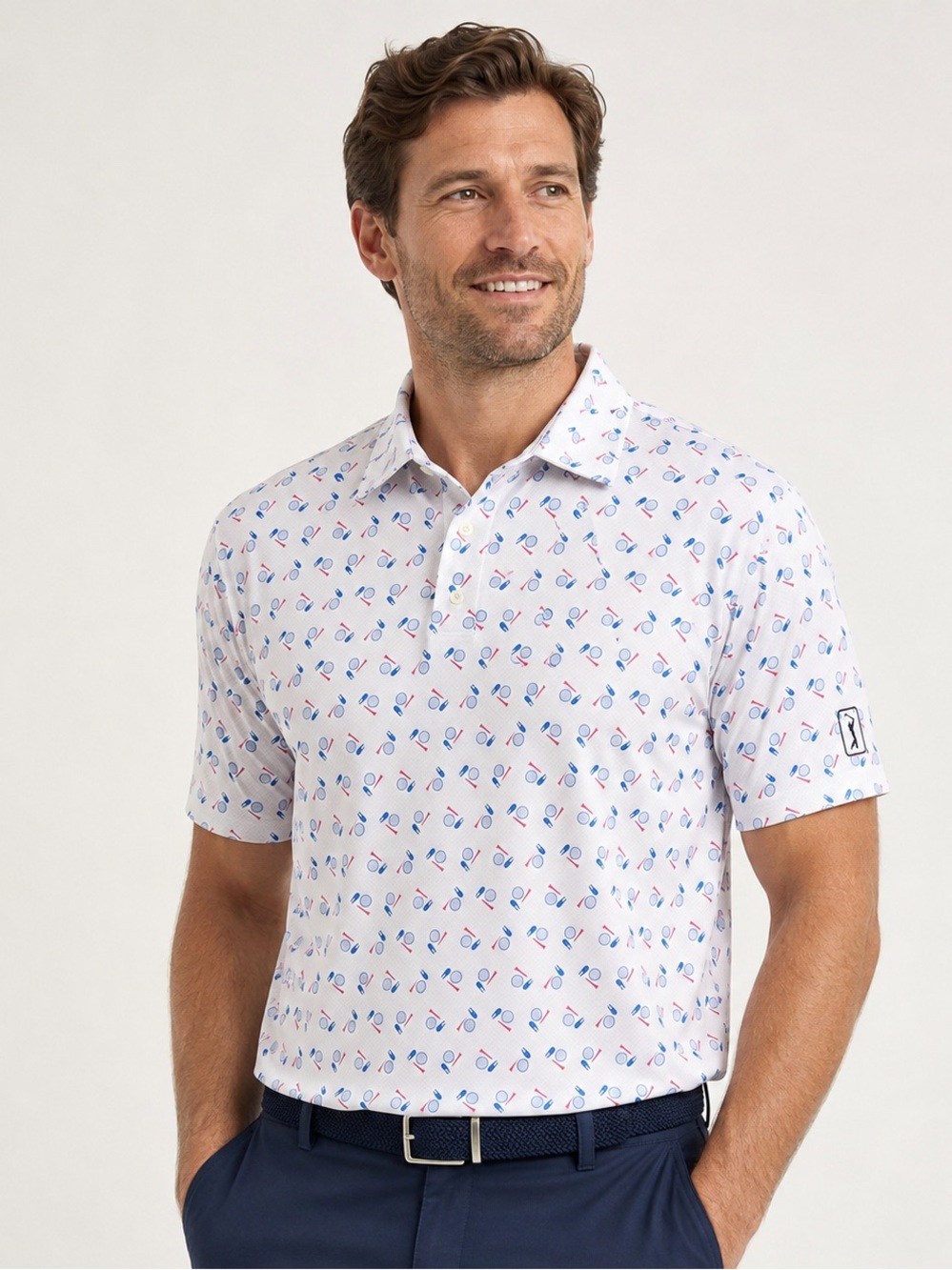 PGA Tour Pro Series Men’s Golf Polo Shirt Large White Blue Red All-Over Print